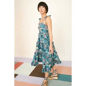 ULLA JOHNSON Green Lune Floral Tiered Ruffled Tied Straps Midi Dress Size 0